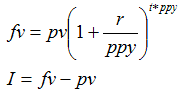 fv = (1 + r/ppy) ^ (t*ppy), I = fv - pv