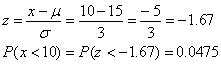 P(x<10) = 0.0475